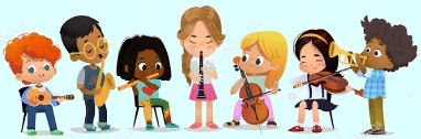 7 diverse children happily playing 7 different instruments together